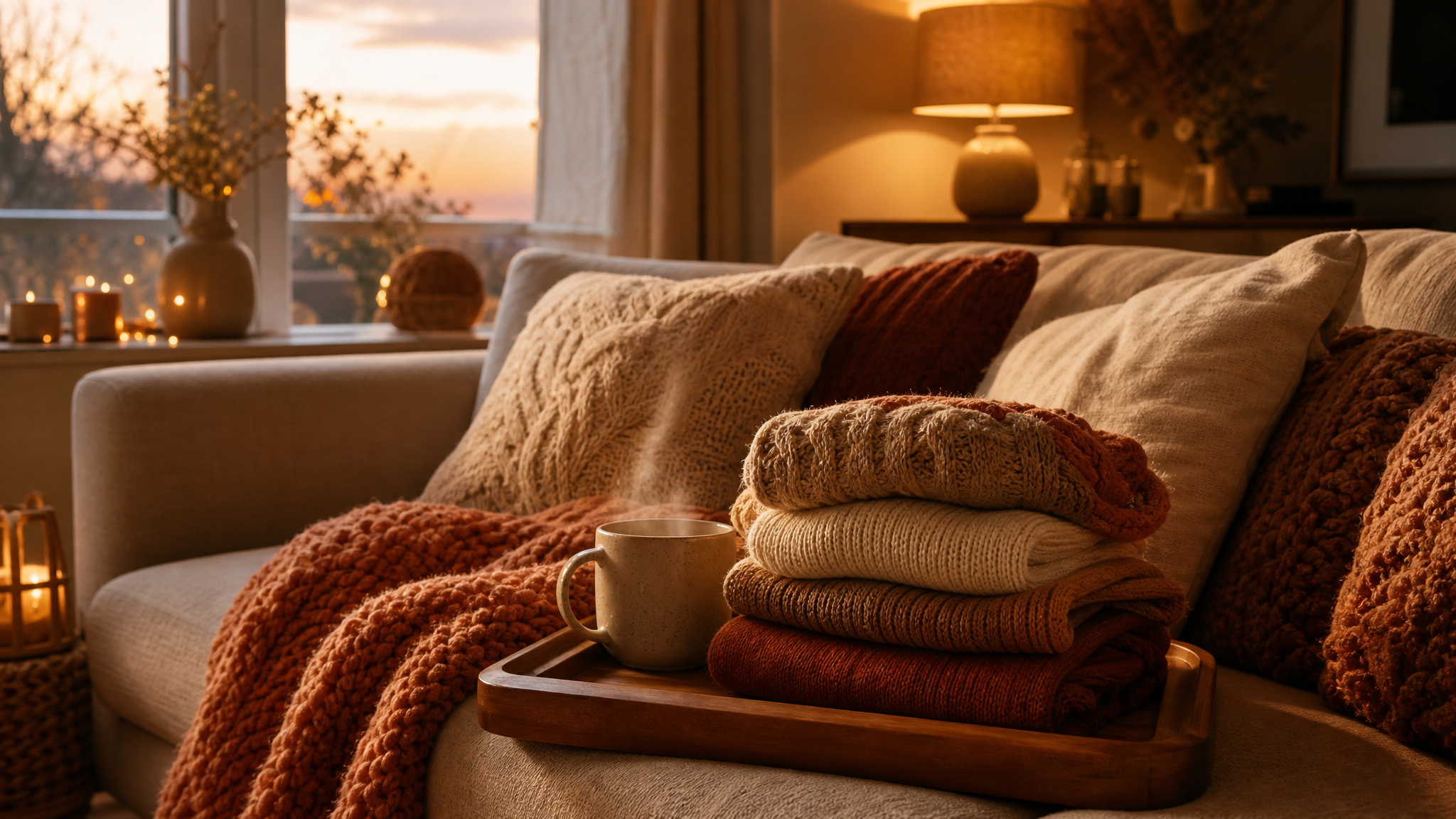 A cosy living room at dusk with a knit blanket over the sofa, a steaming mug of tea and warm lamp light