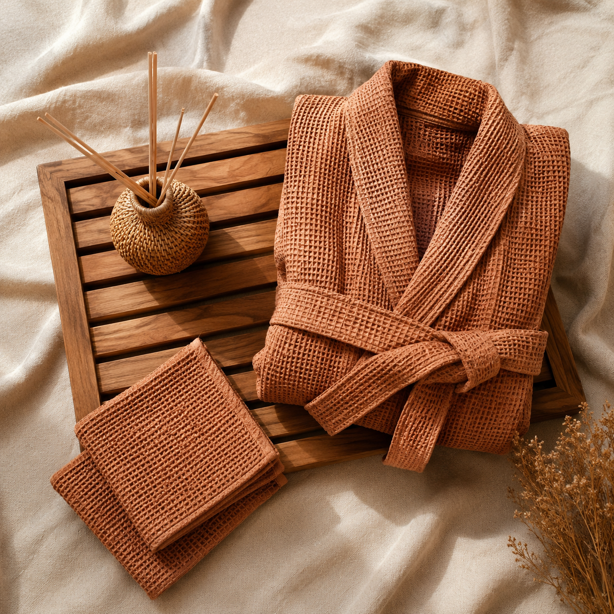 The Bathroom Zen Kit — Teak bath mat, Waffle bathrobe, Waffle washcloths ×2, Rattan reed diffuser