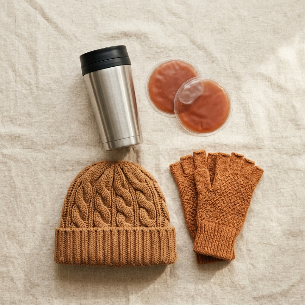 The Cold-Morning Kit — Insulated travel mug, Reusable hand warmers ×2, Beanie hat, Fingerless gloves