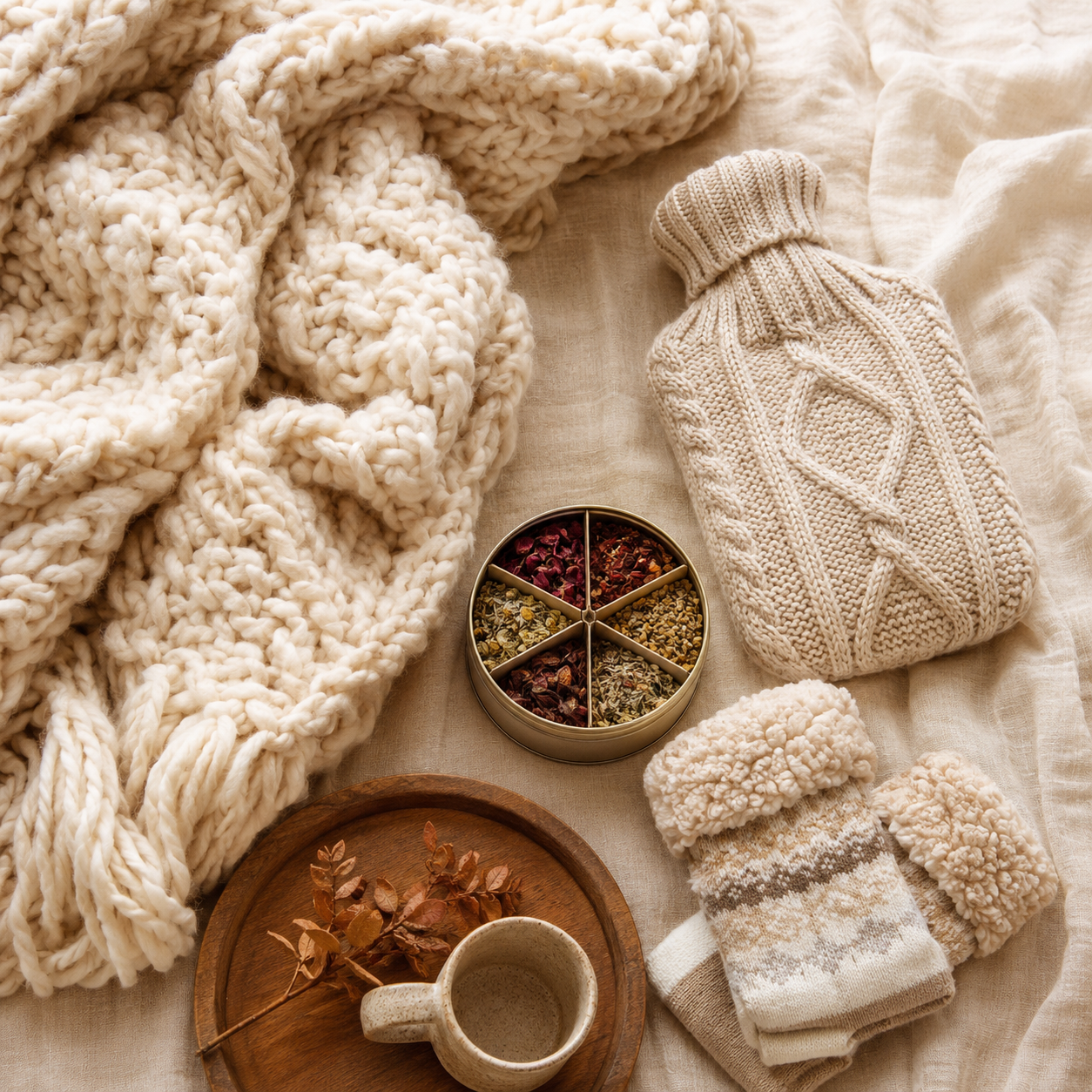 The Cosy Evening Set — Chunky knit throw blanket, Knit-covered hot water bottle, Fleece bed socks, Herbal tea sampler