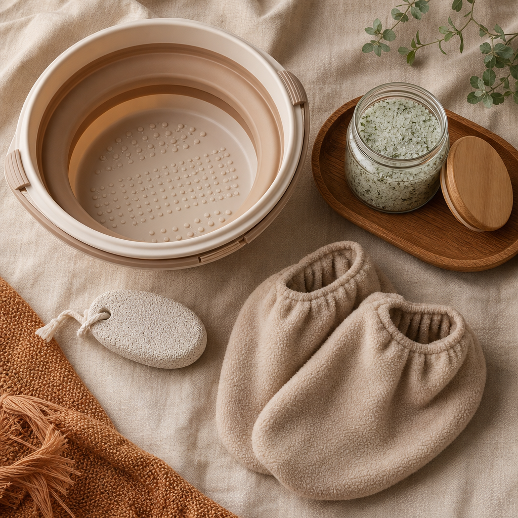 The Foot Rescue Set — Collapsible foot soak basin, Peppermint foot soak, Pumice stone, Fleece foot covers