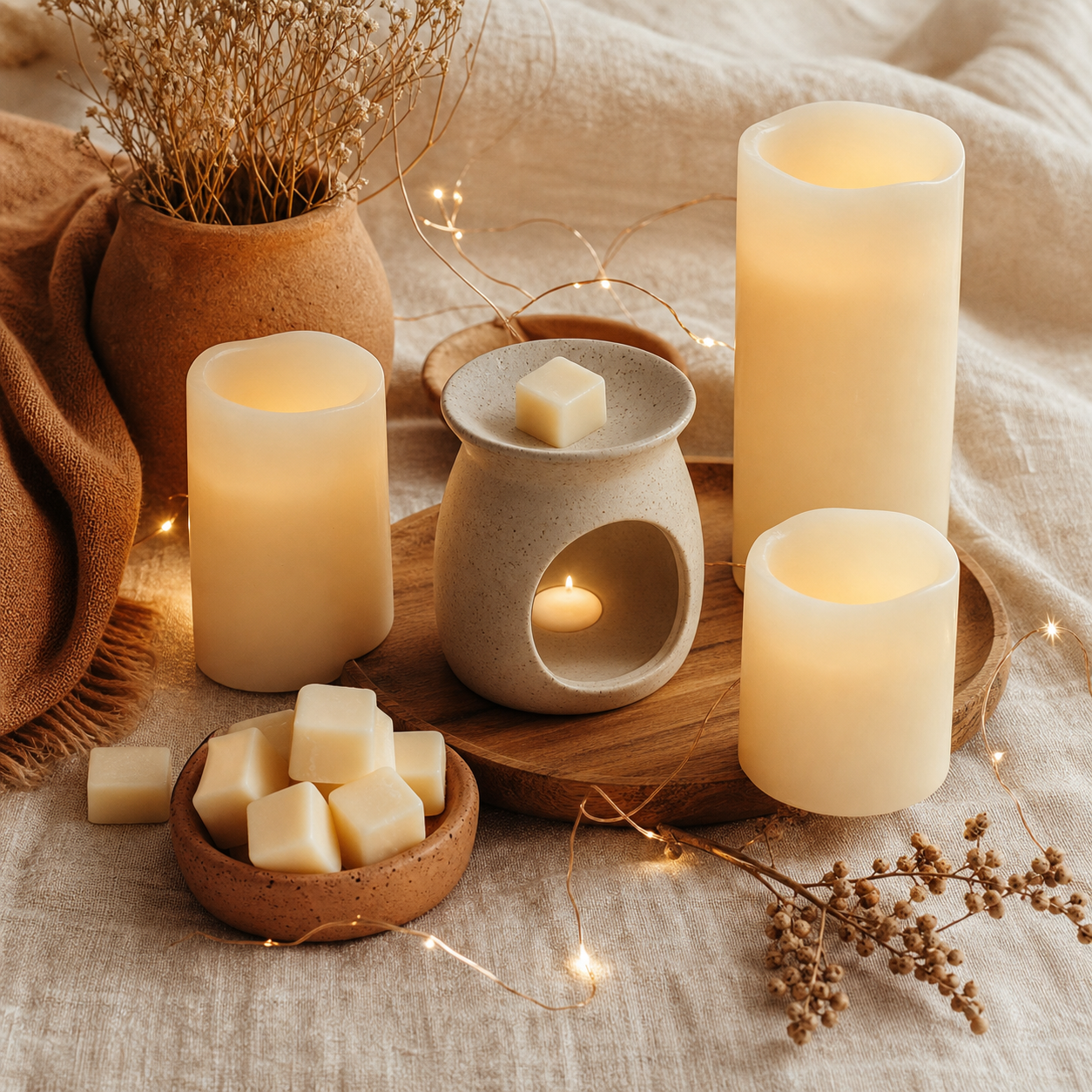 The Hearth Glow Set — Flameless LED pillar candles ×3, Warm white string lights, Low-power ceramic wax melter, Soy wax melts ×6