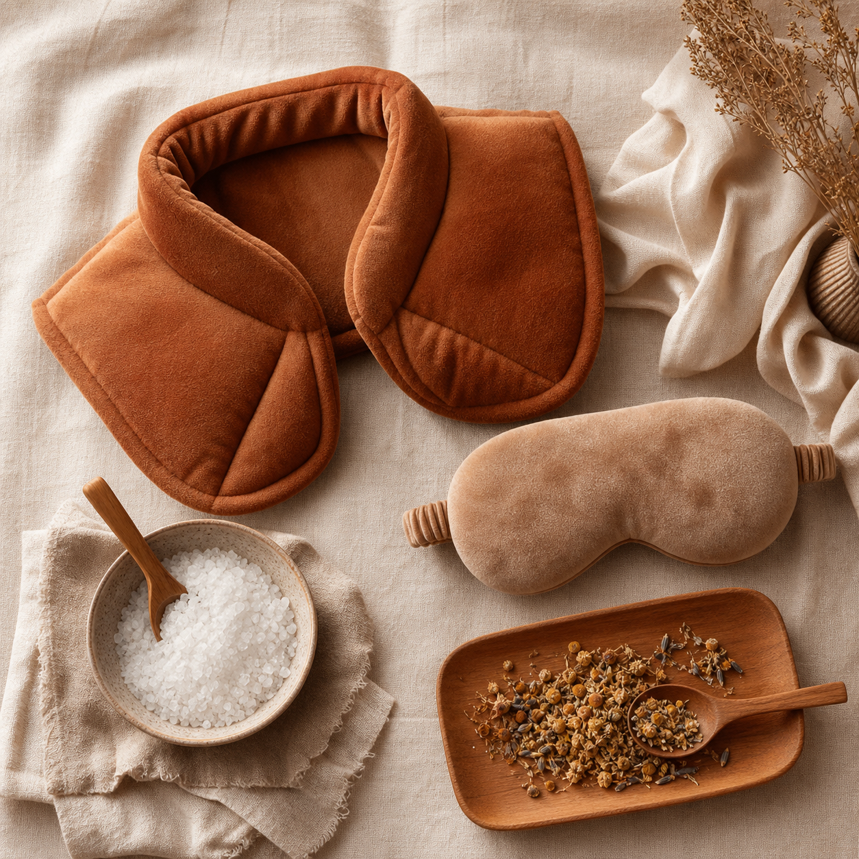 The Home Spa Warmth Set — Low-power neck and shoulder heat wrap, Microwavable eye mask, Magnesium bath flakes, Herbal tea