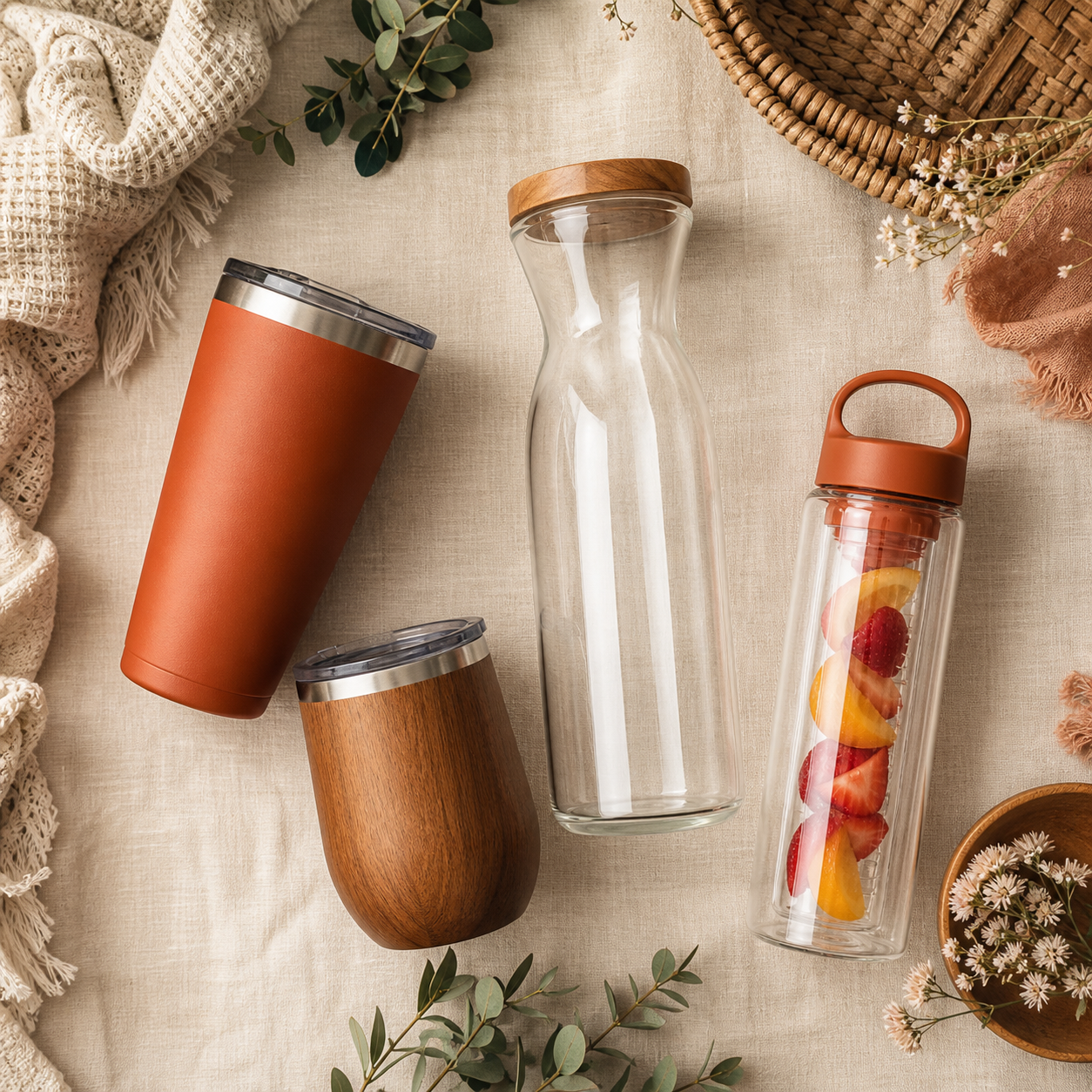 The Hydration Home Set — Insulated tumblers ×2, Glass carafe, Fruit infuser bottle