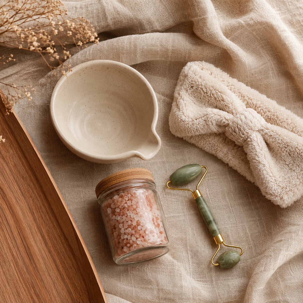 The Little Ritual Set — Mini bath salts, Facial steam bowl, Jade roller, Cotton headband
