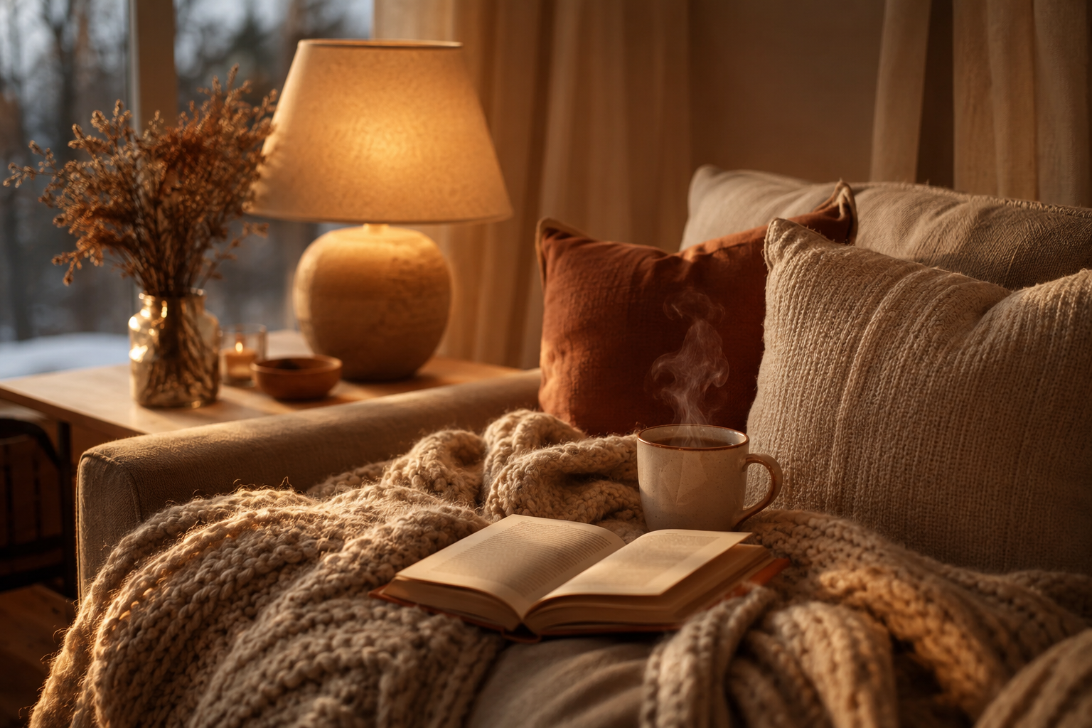 A cosy winter evening on a sofa with a chunky blanket and a warm lamp